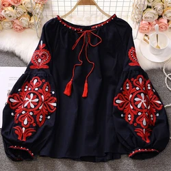 Casual Retro National Style Embroidery Lace Fringe V-Neck Blouse Lantern Sleeve Shirt Top Women's Loose Fashion Tops