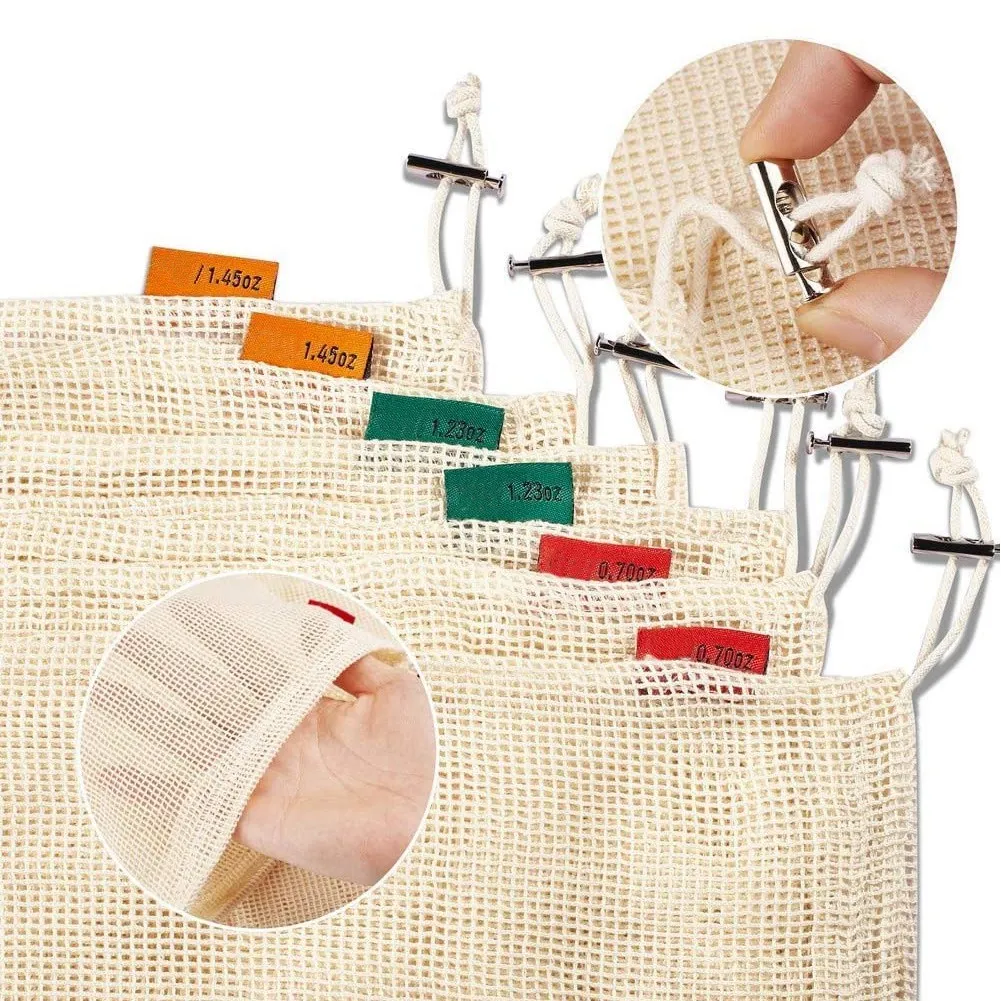9-teiliges Set wieder verwendbarer Netz beutel für Baumwoll beutel zur Aufbewahrung von Lebensmitteln, Gemüse und frischen Produkten