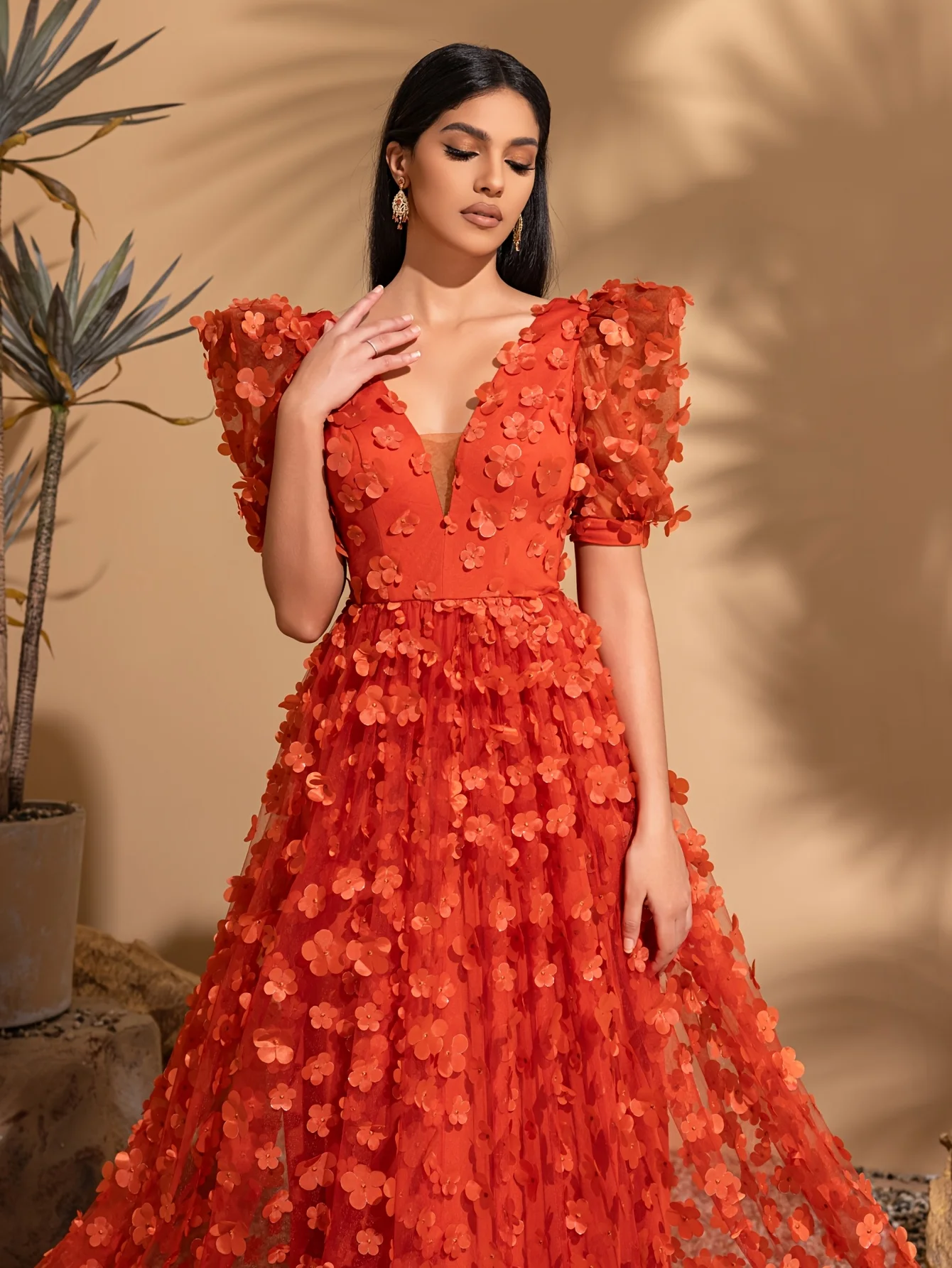 V-neck puff sleeve mesh applique wedding dress, party dress