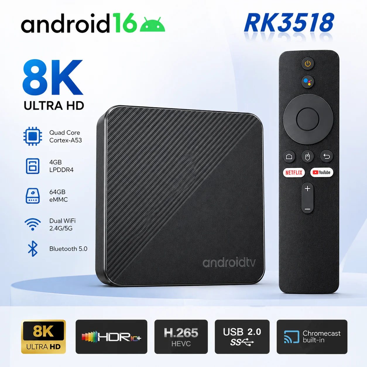 

Android 16 TV Box RK3518 8K UHD Smart Media Player 2.4G/5G Dual WiFi BT 5.4 Set Top Box 4K Streaming Player for Home Theater