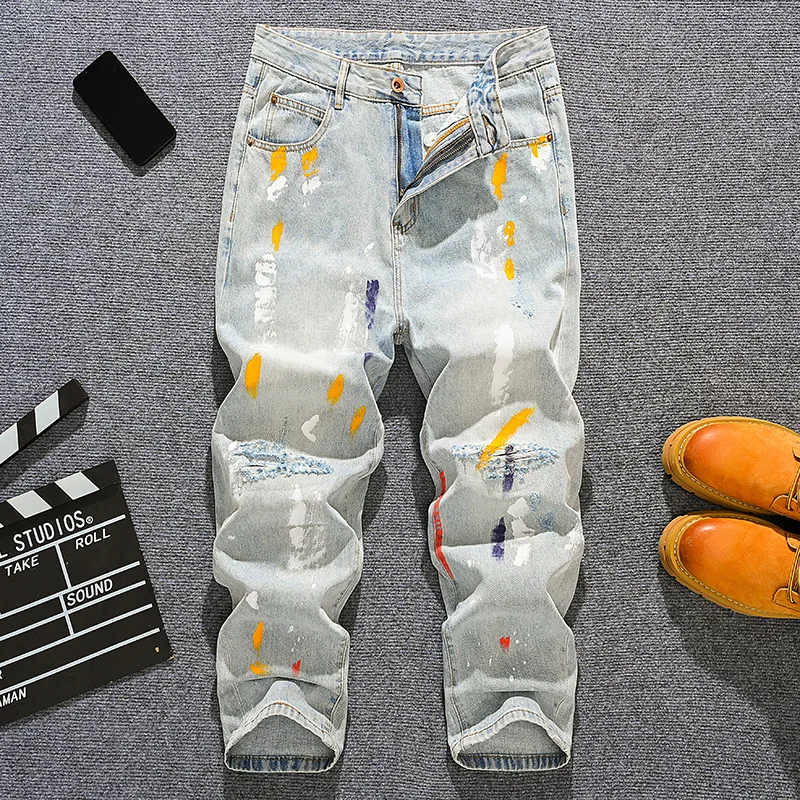 メンズ春夏ルーズストレートジーンズ、インクドットペイントプリント、ダメージ加工パッチ付き、ワイドレッグパンツ