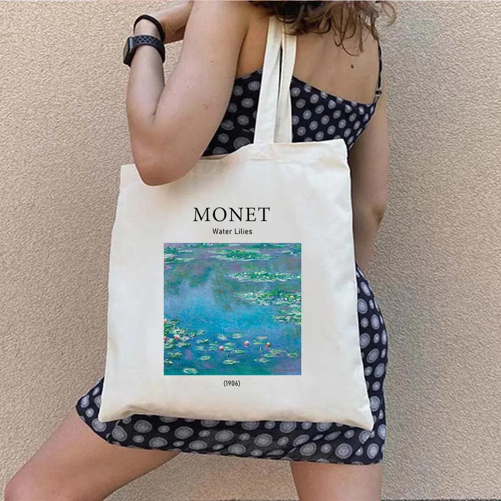 Mulheres ombro lona sacola claude monet nenúfares pinturas de paisagem harajuku compras menina bolsas shopper sacos de algodão