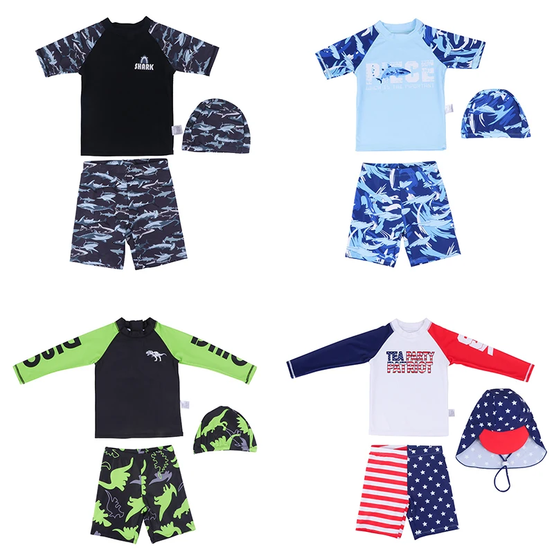 3 Pcs New Boy's Swimsuit Sun Protection UPF 50+ Short Sleeve Swimming Sunsuit With Hat Split Bathing Suits Children