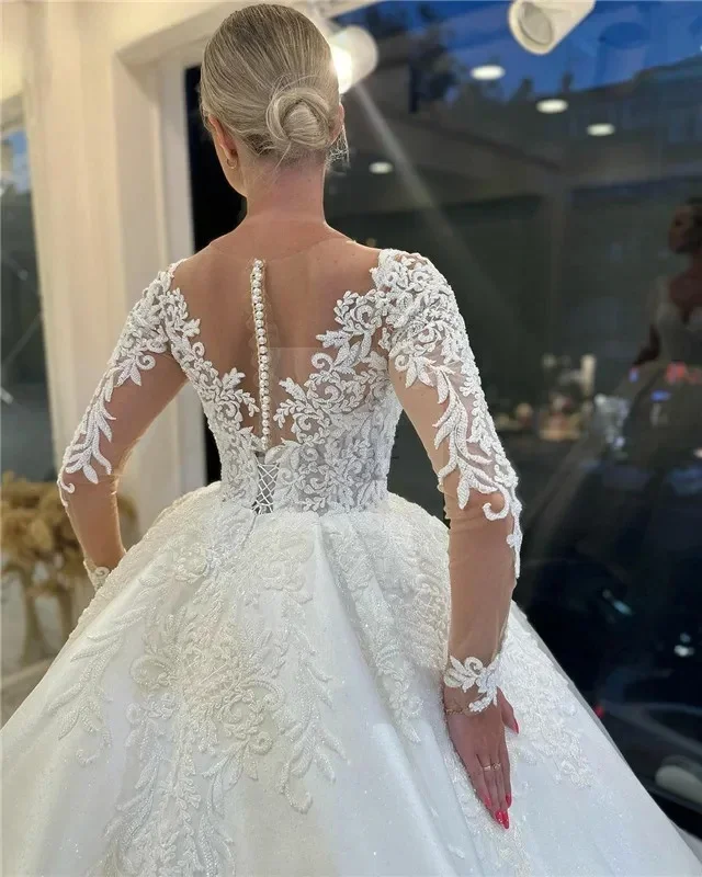 Vestido de novia de satén personalizado, vestidos de baile con apliques de encaje, vestidos de novia de manga larga para mujer, vestidos de novia