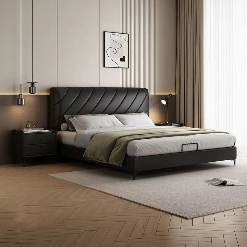 @*New Arrival Luxury Modern Bed Curved Purple Leather Upholstered Headboard Bedroom Furniture Set Bed With Soft Bag