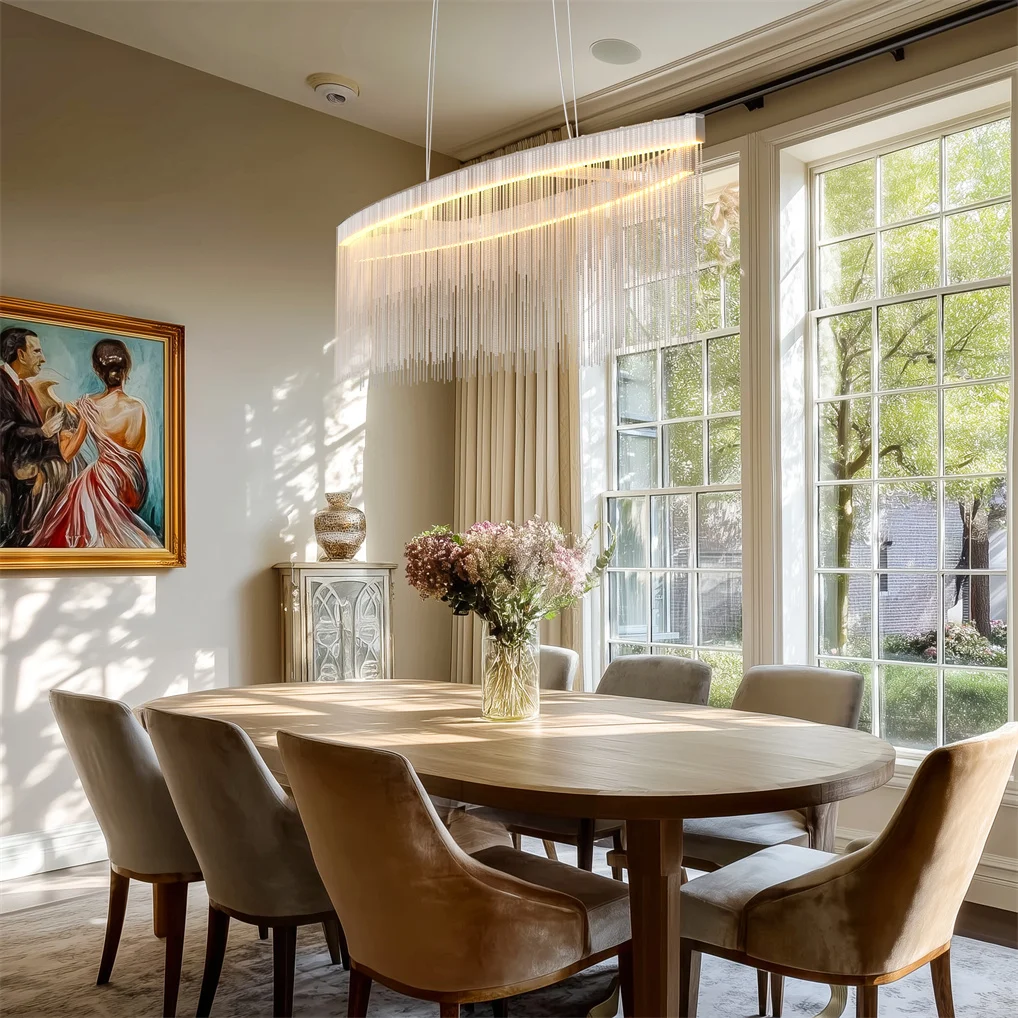 

Modern Crystal Chandelier for Dining Room Rectangle Tassel Chain Pendant Ceiling Light Fixture,Dimmable LED Chandelier Light