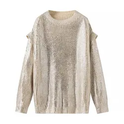 Plus Size Women's Clothing Sweater Metallic Street Style Fashionable Pullover Metallic Drop-Sleeve Long Sleeves Sweater Oversize