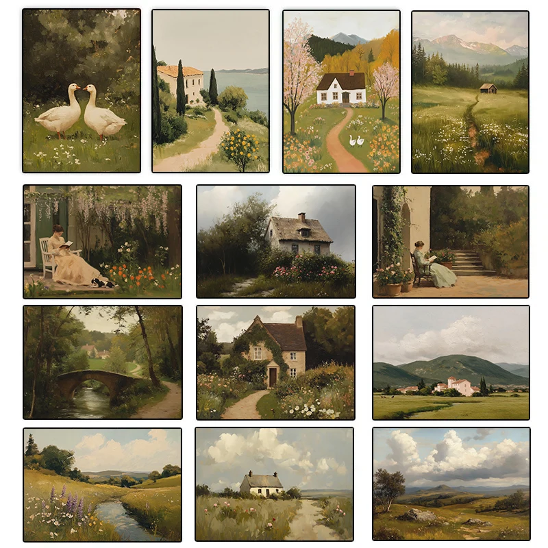 (No frame)Classic Countryside Coastal Landscape Poster Serene Nature River House Field Canvas Painting Wall Art Picture Galle