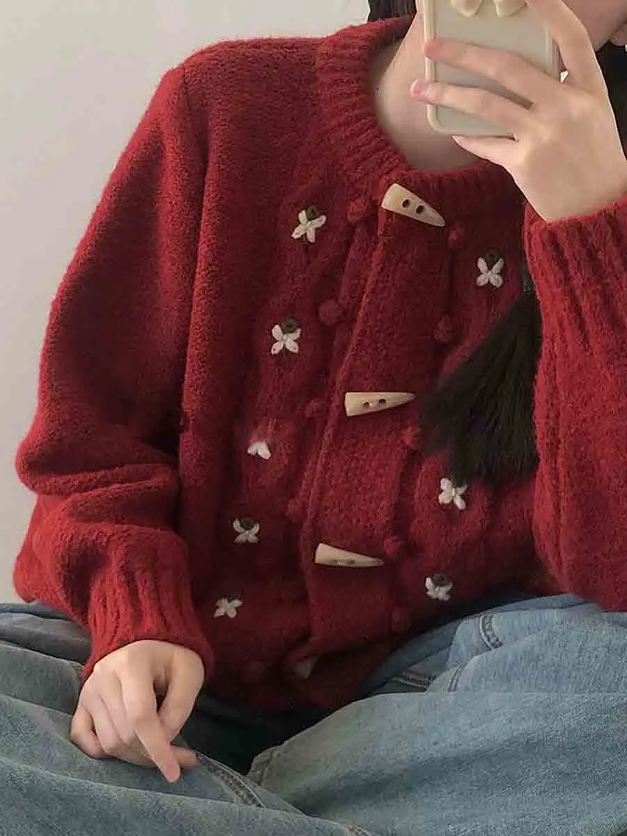 

New 2023 Women's Loose Long Sve Knitted Sweater Coat with Button Design Spring Autumn Sweet Sle f High round Ne Ope...