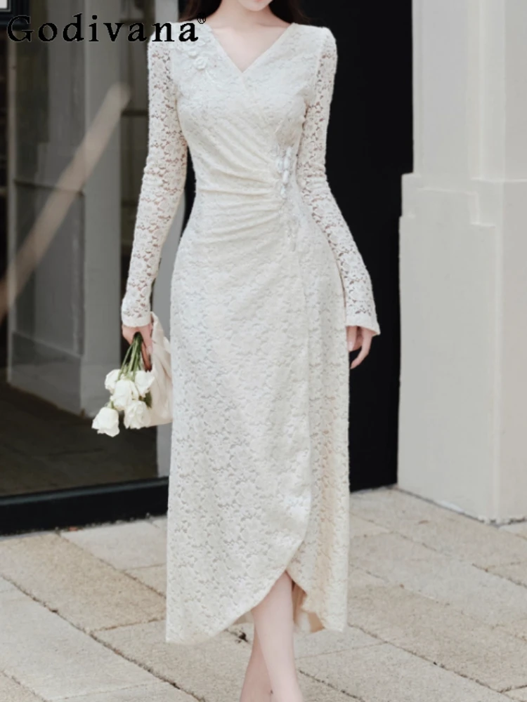 

Autumn Winter French Beautiful Temperament V-neck Apricot Lace Bottom Dress Fashione Girl High Waist Irregular Slim Dresses