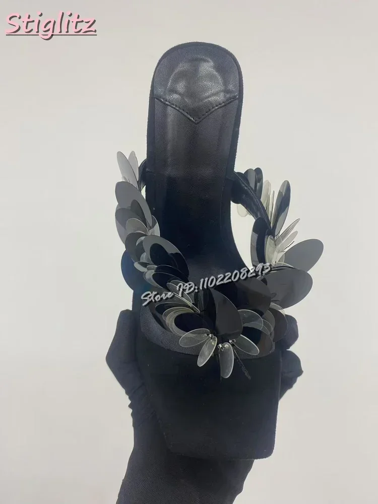 

Мятно-зеленые блестящие тапочки на шпильке с блестками, сандалии на высоком каблуке с застежкой на носок, женские летние сандалии 2025 года, новая французская модная уличная обувь