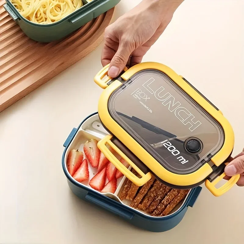 

1pc Portable Hermetic Lunch Box 2 Layer Grid Bento Box With Fork Spoon Leakproof Microwavable Prevent Odor