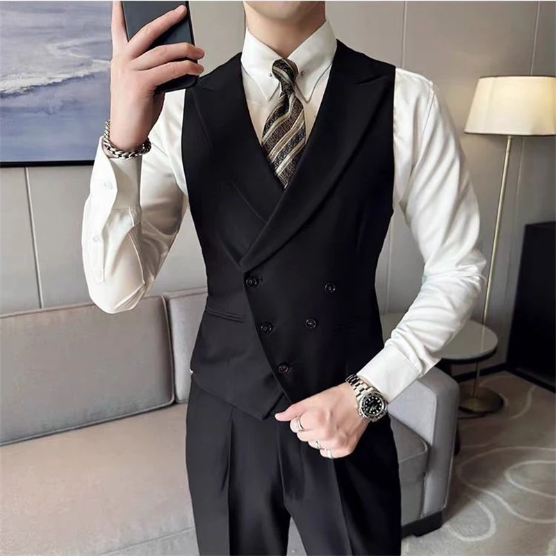 Men Vest Solid Peaked Lapel Double Breasted Sleeveless Jacket Wedding Banquet Business Casual Slim Waistcoat