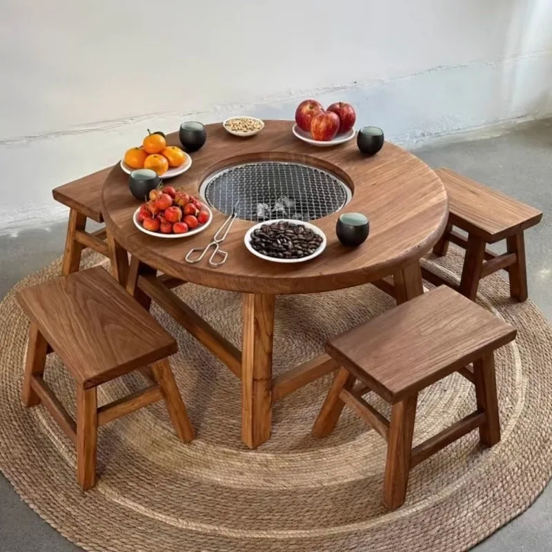 Fireplace tea Solid wood small round Retro log balcony boiled tea Outdoor fireplace BBQ hot pot