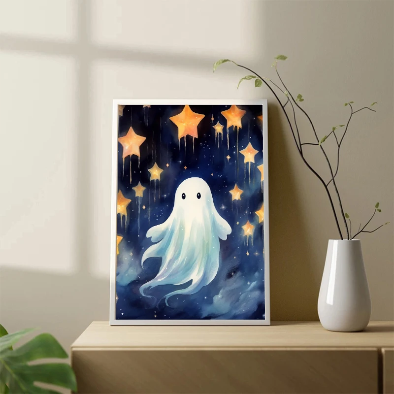 White Ghost Kawaii Halloween Pumpkin Wall Art Canvas Painting White Ghost Life Posters Prints Wall Picture for Room Home Decor