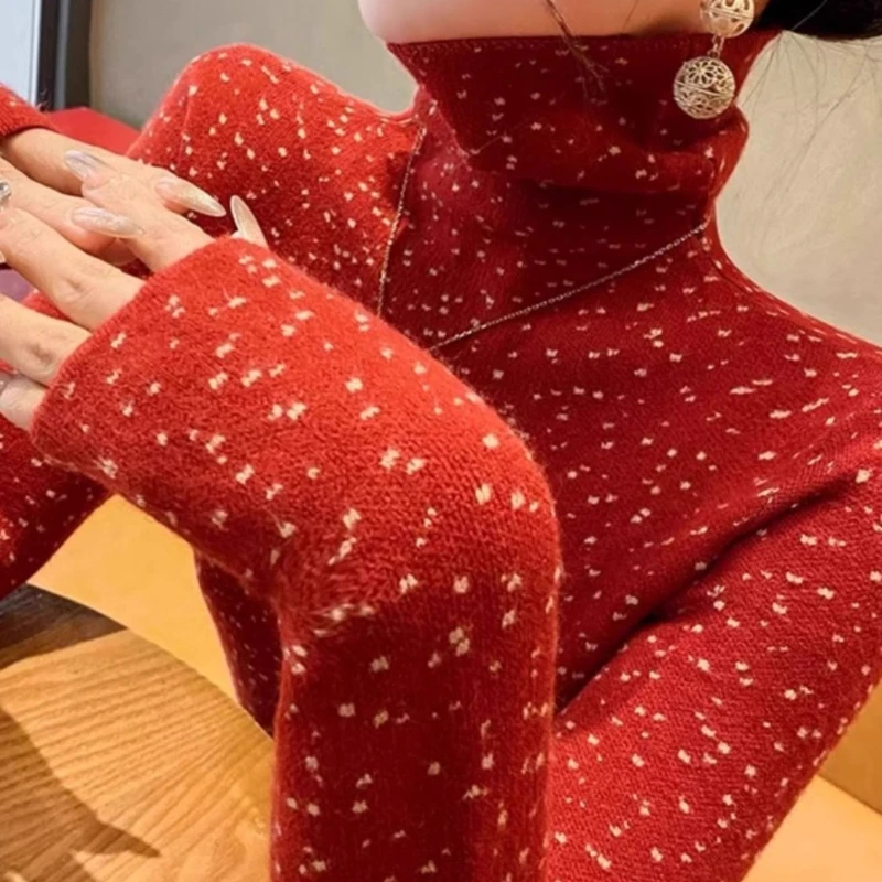 Camicia base da donna a collo alto in velluto tedesco double face rosso con velluto ispessito e top interno caldo slim fit