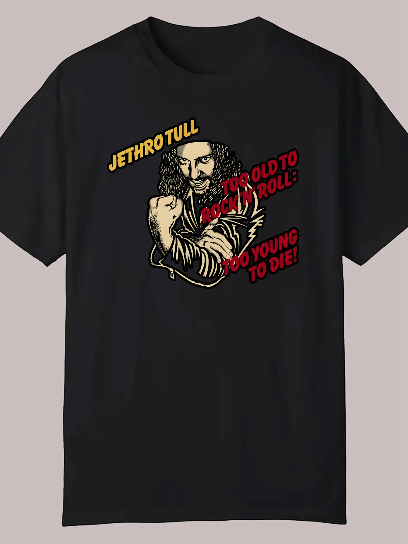 

Men's Graphic Print Polyester T-Shirt - Black with Bold "Jethro Tull" Design, Round Neck, Casual Summer Tee