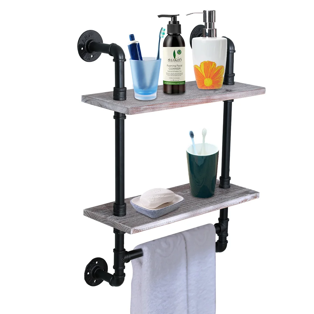 Towel Racks 1 Pipe Shelves 2-Layer Wood Shelf 20x8x29Inch Retro Color[US-Stock]