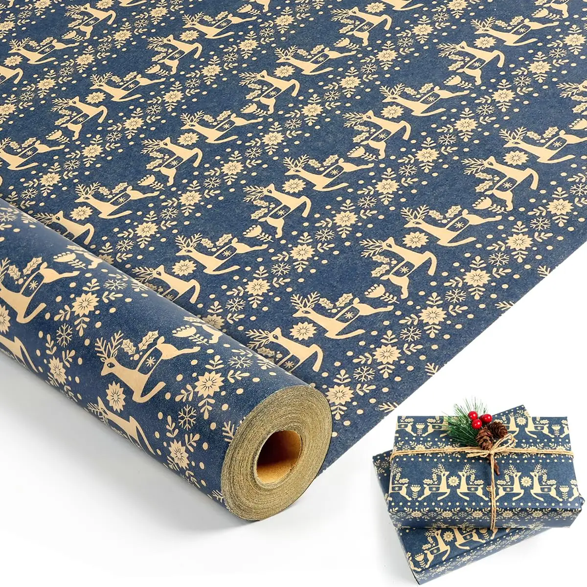 1 Roll Christmas Wrapping Paper Roll,Navy Blue Kraft Wrapping Paper,17 Inch x 590inch,Snowflake,Xmas Floral and Reindeer Design