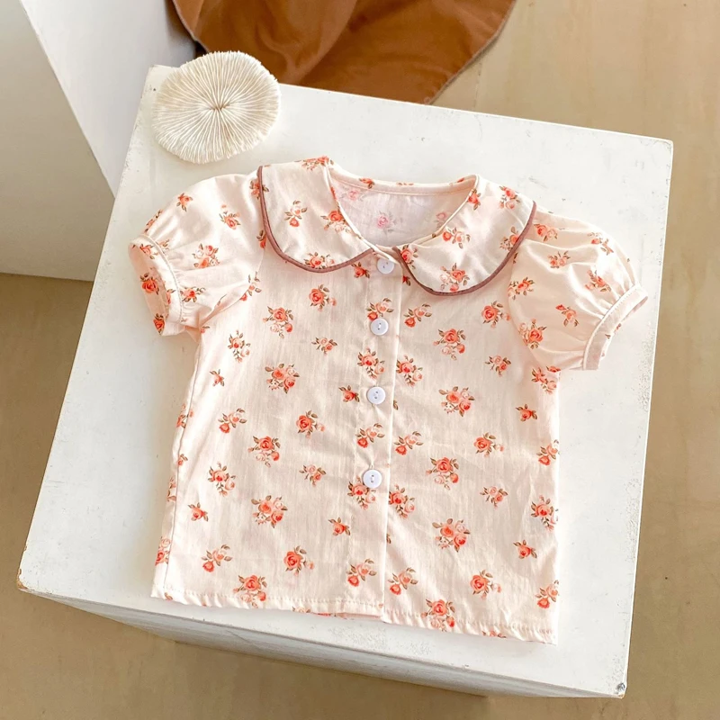 Summer new baby set, 0-3 year old baby girl doll neck printed short sleeved top+lace shorts set