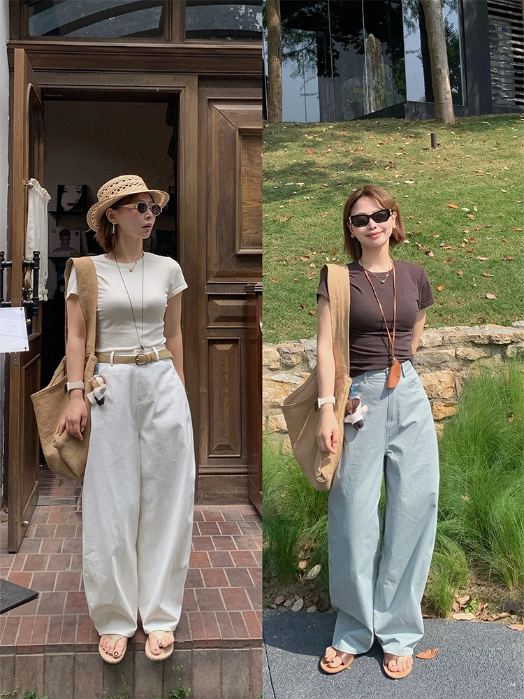 

Ретро-брюки с широкими штанинами, высокой талией, прямым кроем, из хлопка, повседневные, в пол, с дизайнерским вырезом, тонкие, летние, женские джинсы