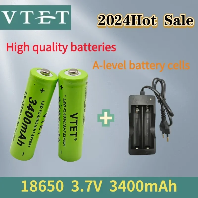 VTET-Batterie aste 2024 V 3.7 mAh, capacité 3400, pour lampe torche + chargeur, nouvelle collection 18650