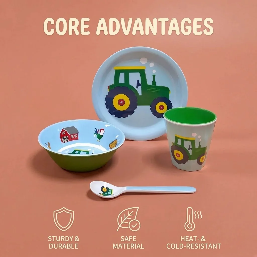 Kids' tableware set, specially for babies, made of melamine, drop-resistant for safer meals, with tractor pattern