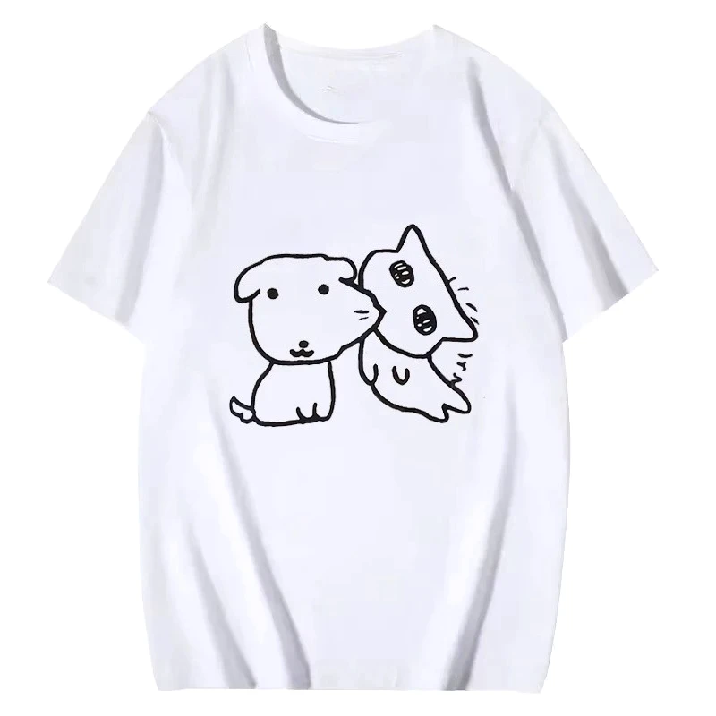 Cute Simple Line Drawing Dog Cat Print Women T-shirt Soft O Neck Tee Daily Couple Top Fashion Harajuku Kawaii Y2K Clothing