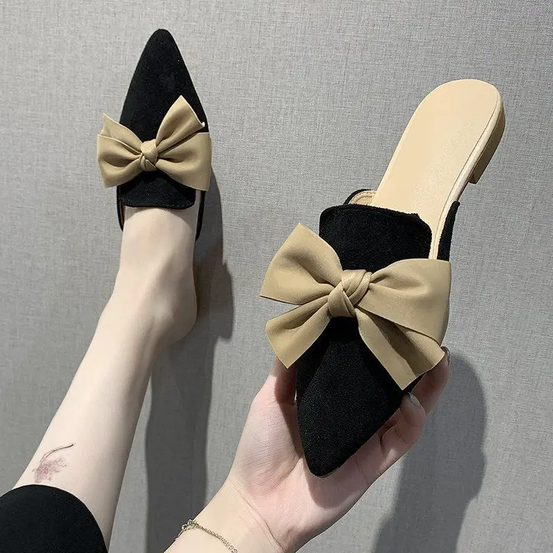 

New Arrival Outdoor Closed-Toe Mule Sandals Fashionable Low Chunky Heel Pointed Toe Bowknot Versatile Dreamy Design for Women