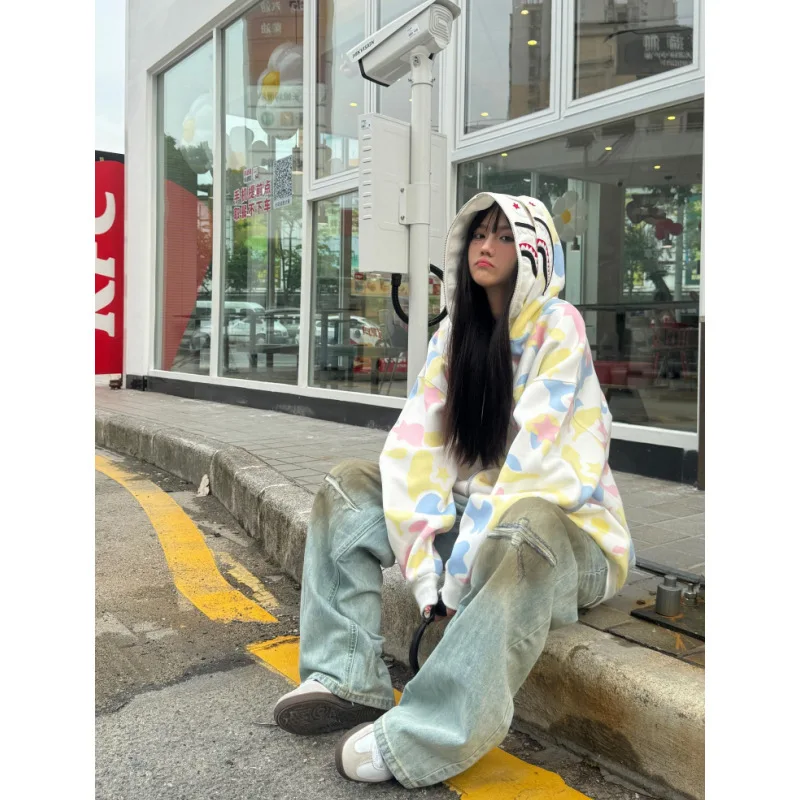 Women Retro Hip Hop Trendy Hoodie Camouflage Sweatshirt New Autumn Couple Zipper Open Cardigan Jacket Loose Fit Casual Wear