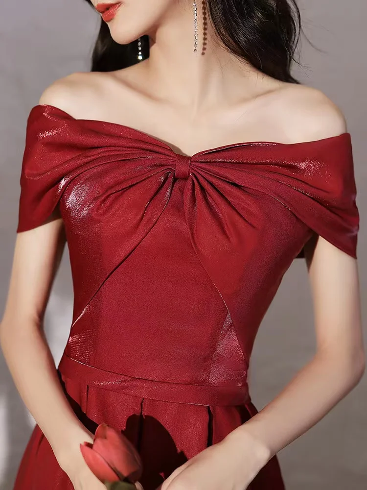 

Off The Shoulder Luxurious Wine Red Evening Dresses Premium Satin A-Line Boat Neck Banquet Toast Engagement Gowns Clothing New