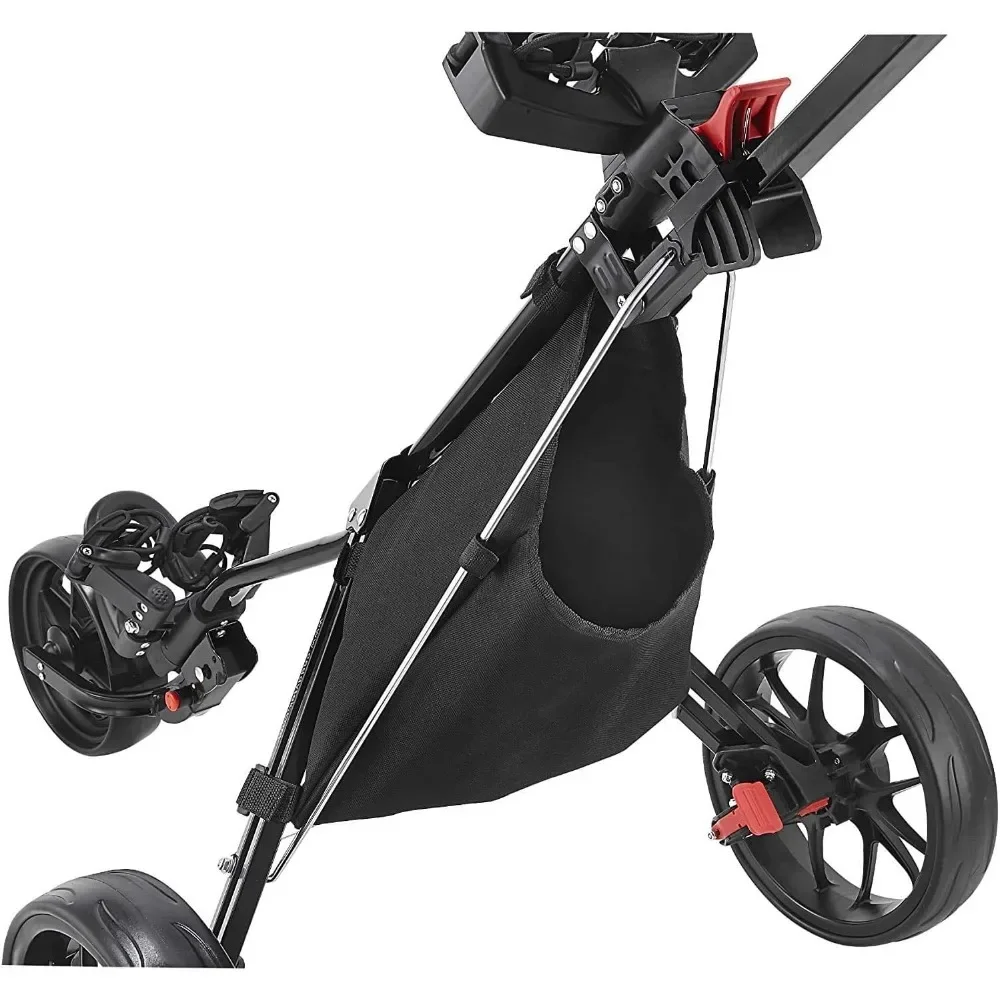 3 Wheel Golf Push Cart - Deluxe, Lightweight, Umbrella Holder, Mesh Net and Beverage Holder Easy To Fold Caddy Cart Pushcart