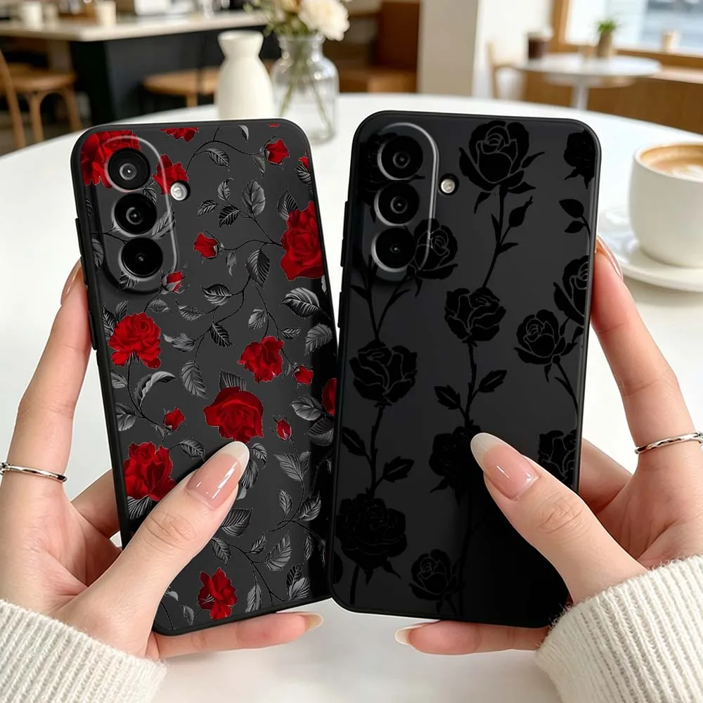 

Red Rose Black Leaf Pattern Phone Case For Samsung Galaxy A71 A56 A55 A54 A53 A51 A50 A41 A40 A20e A16 A06 A05 Black Cover