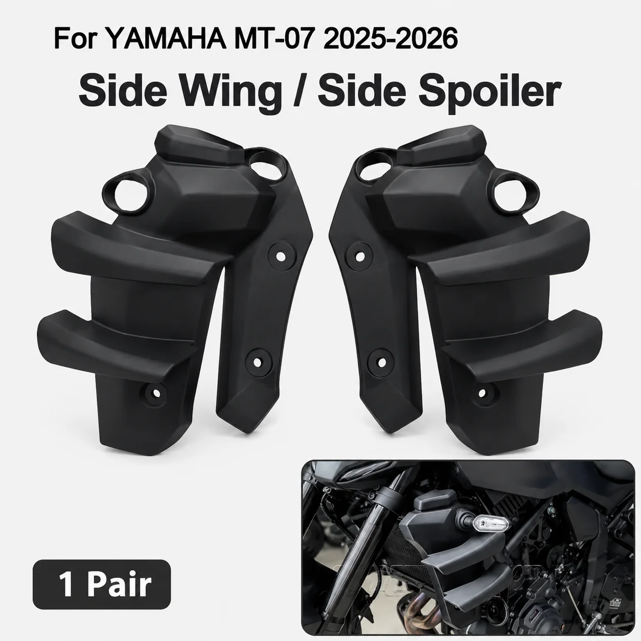 

For Yamaha MT-07 2025 and 2026 models: side spoilers, front spoiler, front spoiler, lower spoiler, and side wings.