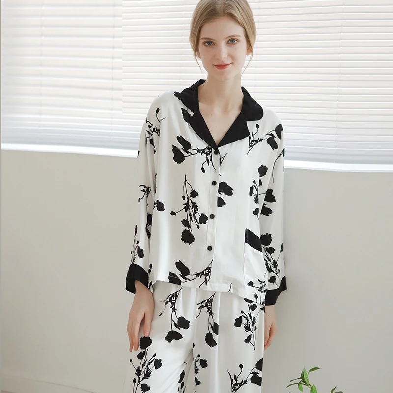 

New Spring Summer Satin-like Cotton Pajamas Set Women High Quality Pint Cardigan Homewear Full Sleeve Night Sleep Pants