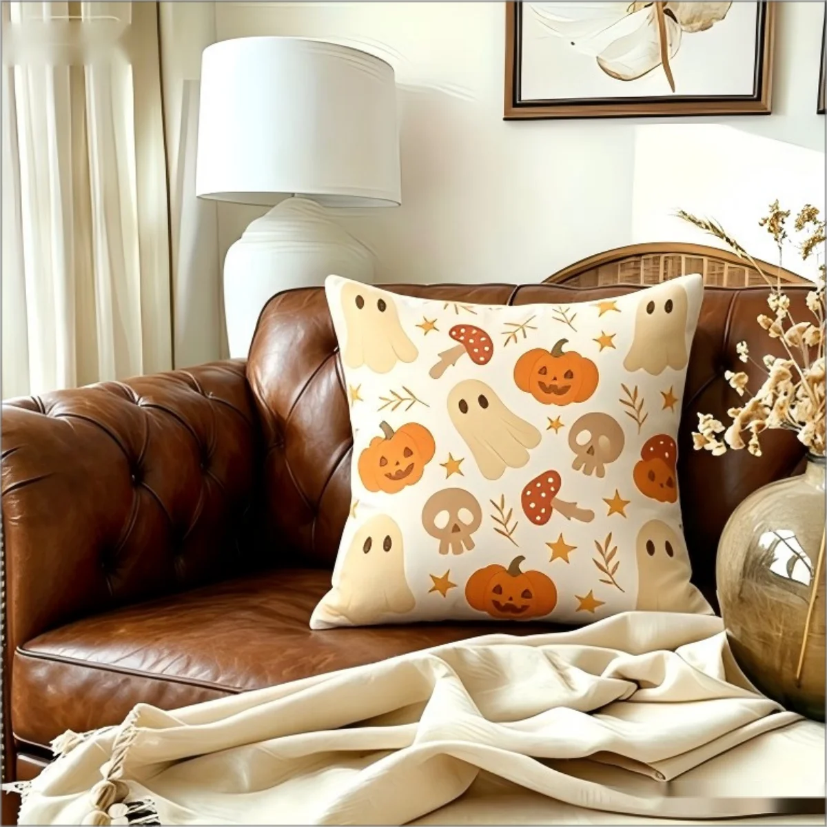 Fall Season Throw Pillow Cover, Cute Ghost Pumpkin Cushion, Spooky Print Pillow for Sofa Bedroom, Cozy Autumn Home Accent