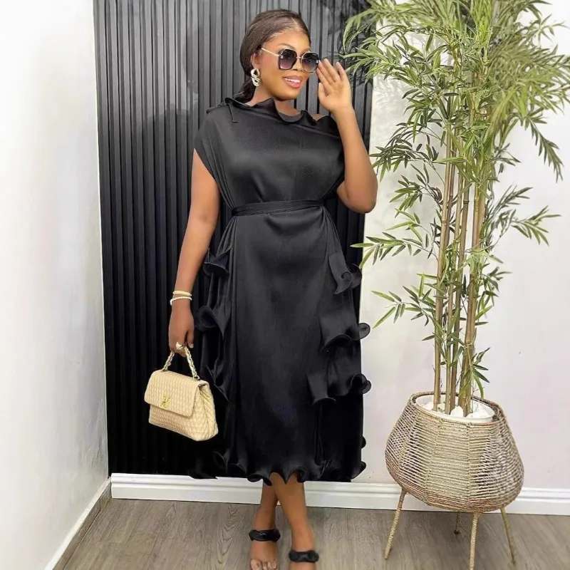 아프리카 플러스 사이즈 드레스 프랑스 패션 우아한 느슨한 기질 스키니 여성 롱 드레스 벨트 댄스 파티 드레스와 신축성