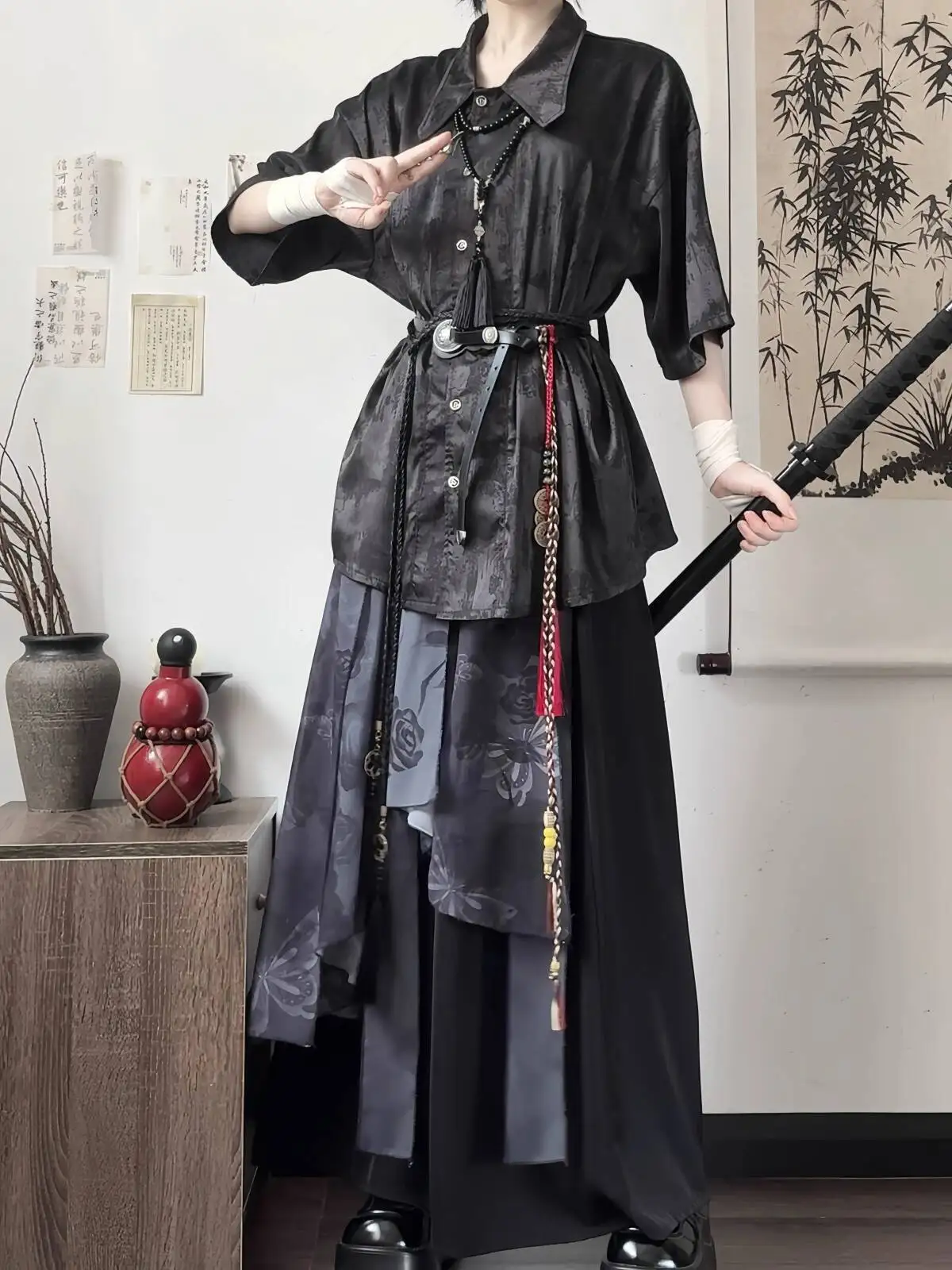 

Новый китайский стиль Hanfu для женщин Fiesta Carnival Хэллоуин Cos Косплей Рубашка Guofeng Широкие брюки Wuxia Night Black