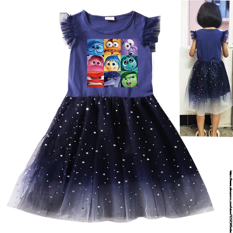 New Inside Out2 Girls Clothes Summer Flying Sleeve Kids Dress Party Baby Dresses for Children Clothing Princess Dresses And Bag