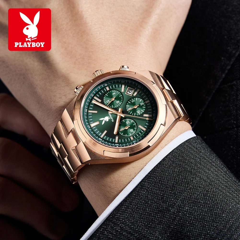 PLAYBOY 3111 Fashion Brand Quartz Watch Men Luminous Function 30m Waterproof Chronograph Dial Date Window Watch For Men