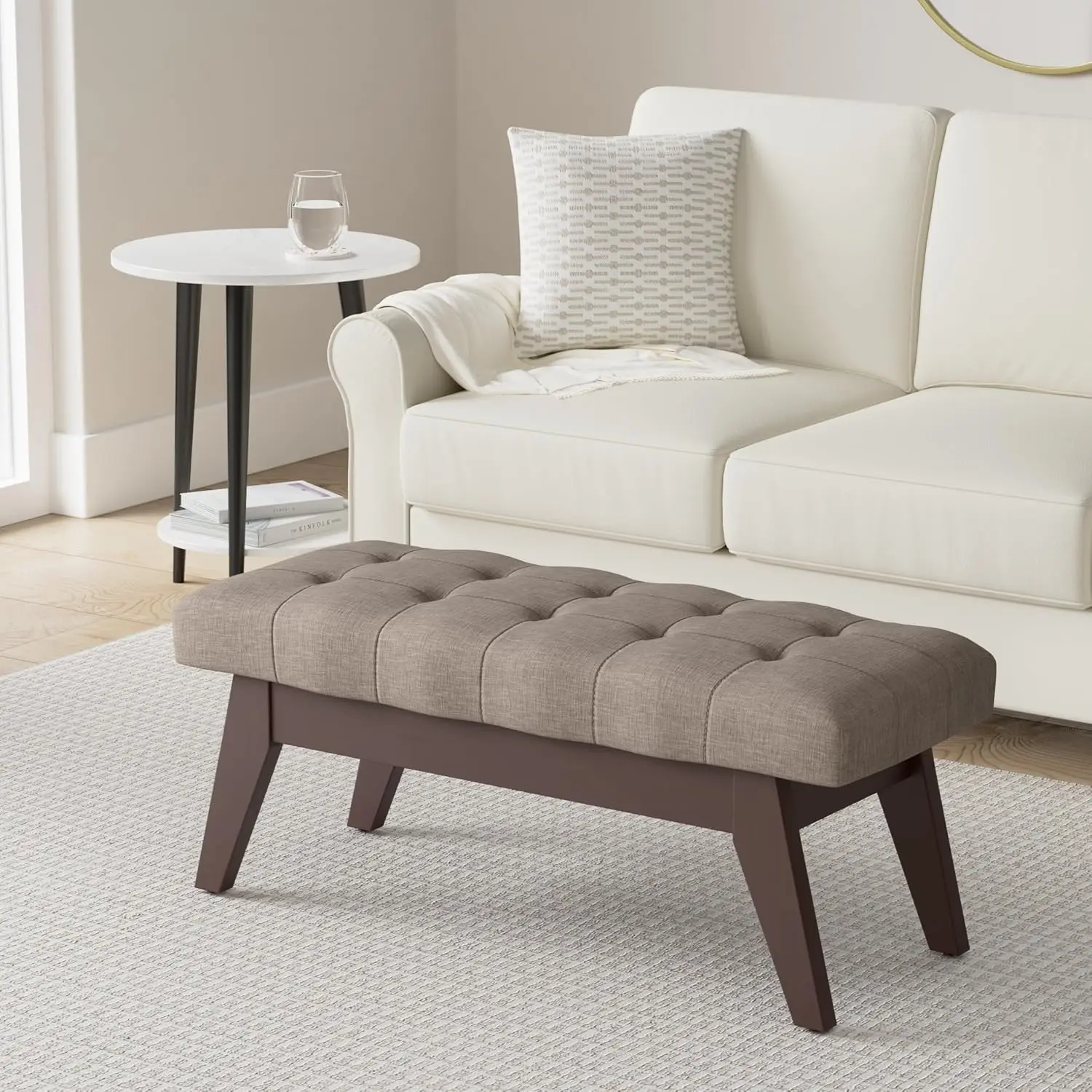 40 inch Wide Mid Century Modern Rectangle Tufted Ottoman Bench in Fawn Brown Linen Look Fabric, Assemble