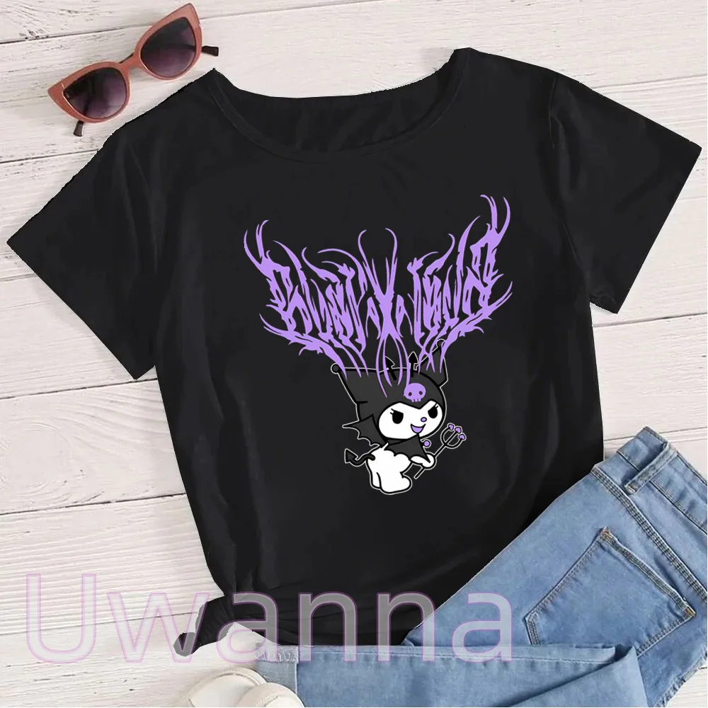 Gothic Kuromi T-shirt My Melody Print Punk Graphic T-shirts Short Sleeve Female Loose Casual Cartoon Tshirt Top Women Girl Tee