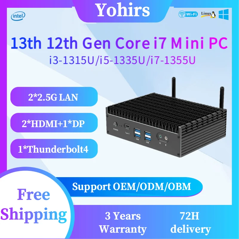 Yohirs 13th Gen Fanless Mini Pc Case Core i5 1335U 1355U Iris Xe Grafica 12M Cache Windows11 HDMI2.0 AX210 WIFI6 Computer da gioco