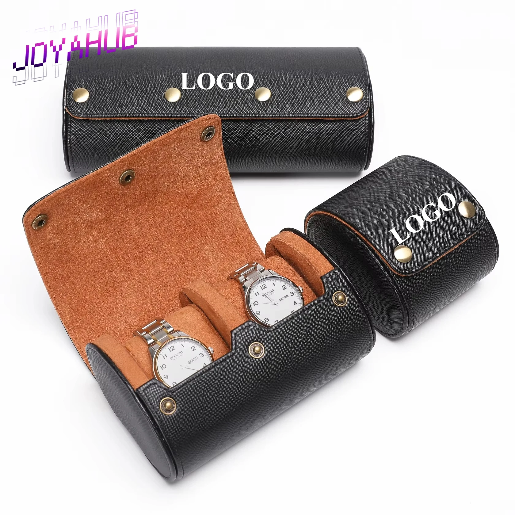 ​​Custom Logo Luxury Cross Pattern PU Leather Cylindrical Watch Box with Velvet Insert &Metal Rivets Premium Travel Storage Case