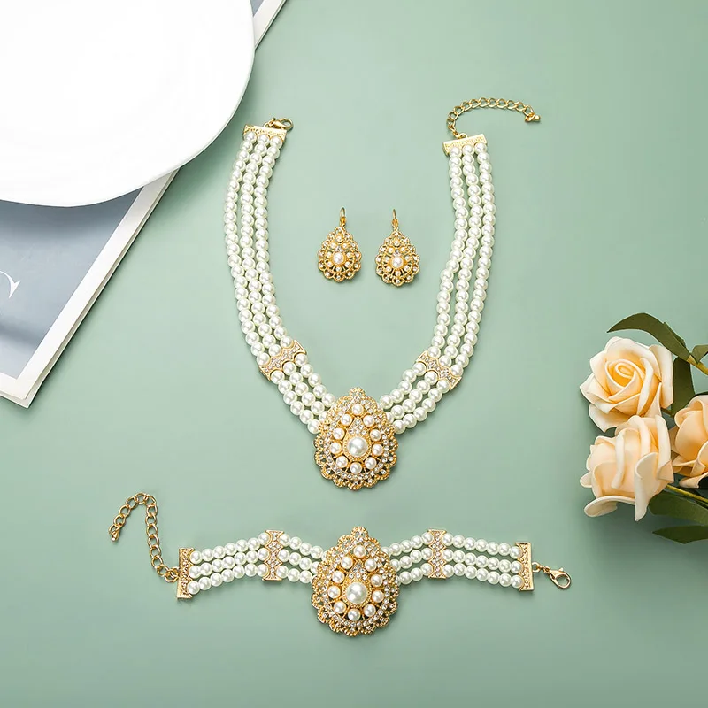 

Ethnic Retro Court Style Teardrop Multi-Layer Handmade Beaded Jewelry Set Head Chain Necklace Earrings For Bridal Wedding