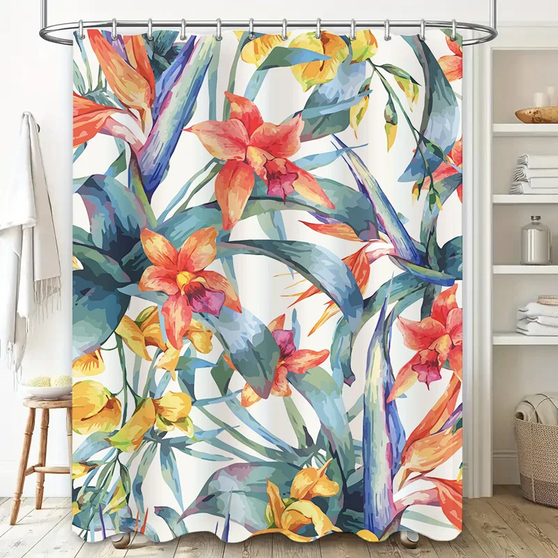 Bright Tropical Floral Shower Curtain Set Modern Bathroom Decor with Blue Green Red Yellow Flowers Size: 72x84 inches for Bath K