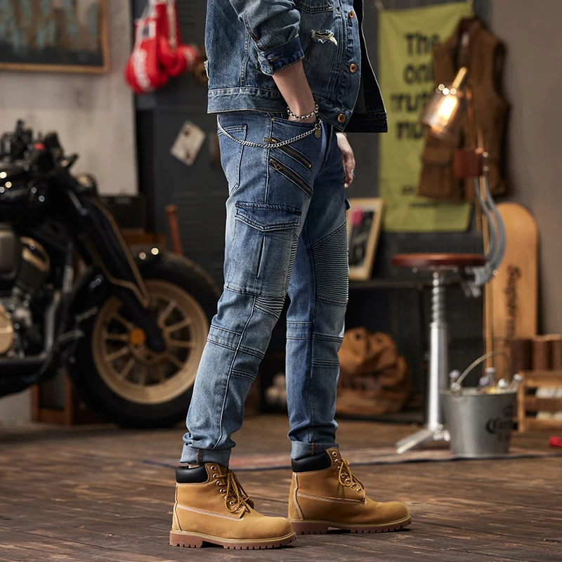 

Men's Stitching Pleated Cargo Jeans Locomotive Style Fashion Casual High-End Washing Craft Punk Tappered Pants