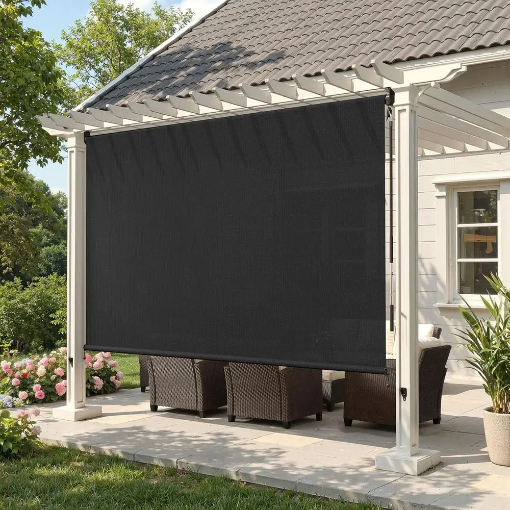 Outdoor Roller Shades with Spliced Design 10' W X 8' L, Cord Patio Blinds with Wand, 220 GSM Roll Up Shade for Porch Balcony Bac