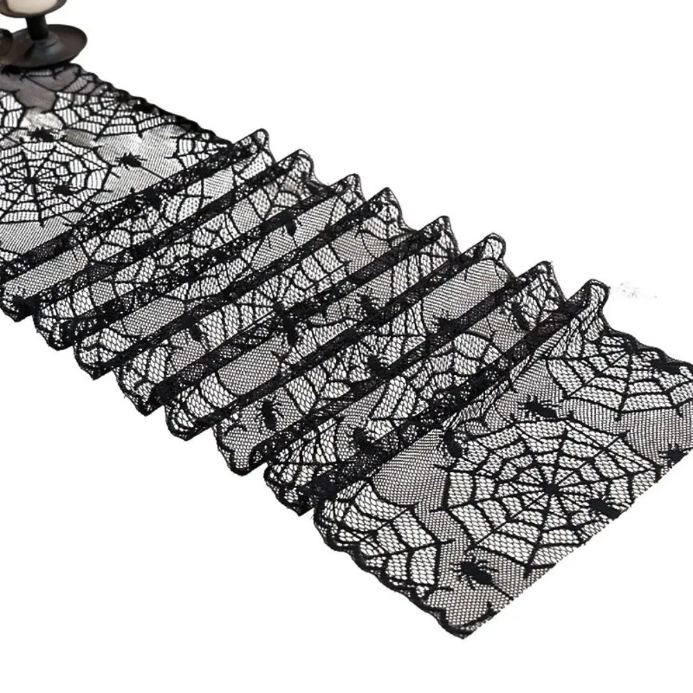 Black Color Halloween Runner Lace Material Gothic Style Spider Web Runner Long Length Hollow Out Runner Home Decor
