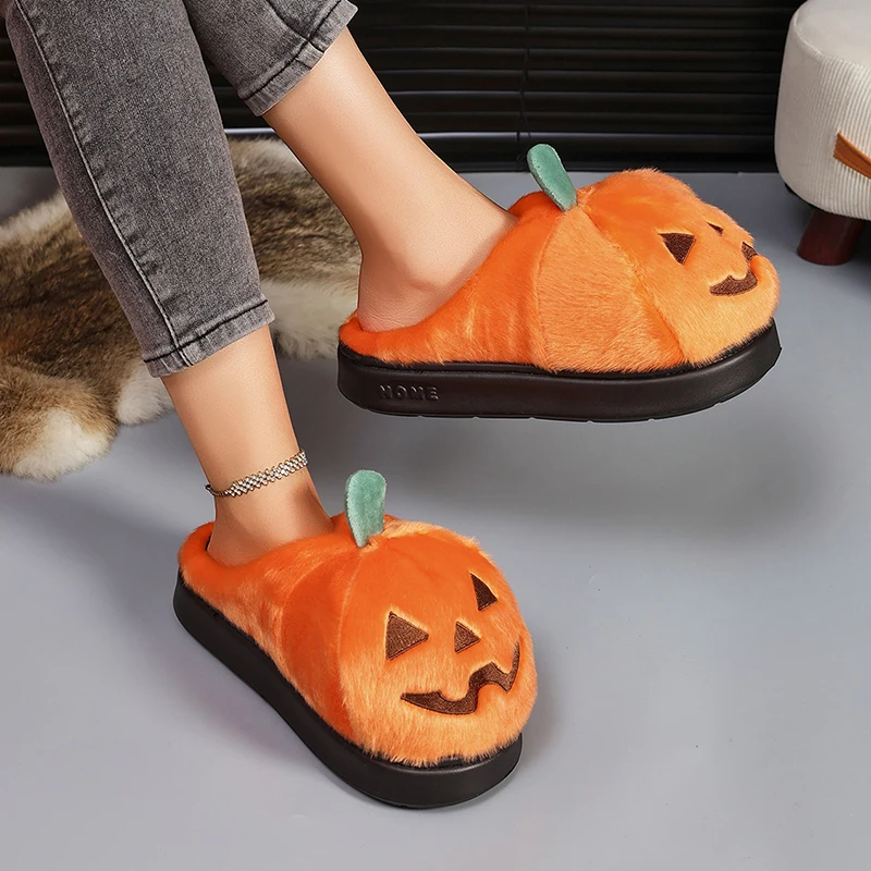 Halloween 3D-Kürbis-Plüsch-Hausschuhe für Damen, Winter-Plateau-Pantoletten, rutschfeste, flauschige Fell-Slides für drinnen, Unisex, für Feiertage und Partys – Detail 12